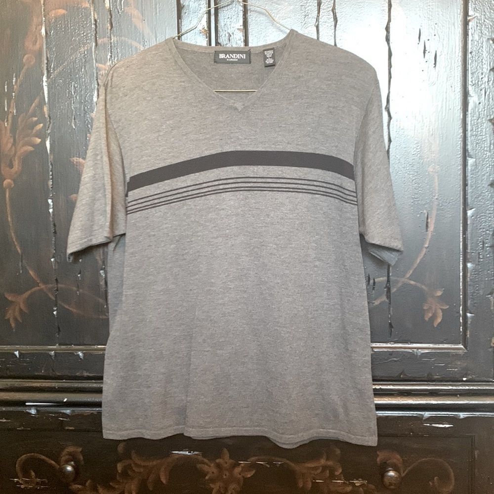 Men's Brandini Gray with Black Horizontal Stripes Short Sleeve Sweater  Size L
